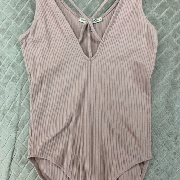 Express One Eleven Womens XS Bodysuit One Piece Pink Ribbed V Neck Sleeveless - Picture 3 of 13
